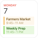 An image of the small Calendar widget, showing only the current date and the next two events, which are Farmers Market and Weekly Prep.