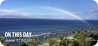 An image of a medium Photos widget that display a picture of a rainbow arching over a large body of water with palm trees and sand visible in the foreground. The widget displays the phrase ’On this day June 7, 2020’ in the bottom-left corner.