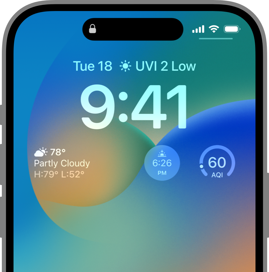 An illustration that shows the Lock Screen on iPhone with an inline text widget, a rectangular widget, and two circular widgets by Weather.