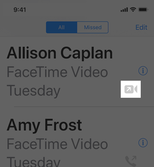 A partial screenshot of the Recents view in the Phone app, highlighted to show the FaceTime video glyph at a large size.