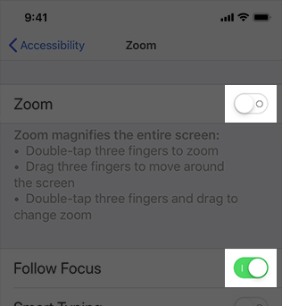A screenshot of iOS Accessibility Settings view, highlighted to show that the on/off labels are turned on.