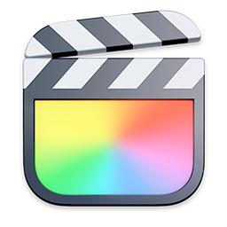 An image of the Final Cut Pro X app icon, which is an idealized version of a clapperboard. The overall shape of the icon is a rounded rectangle, even though the arm of the clapperboard is raised slightly at the top.