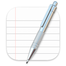 An image of the TextEdit icon, depicting white paper ruled with gray horizontal lines and one red vertical line that indicates the left margin. The icon is masked to a rounded rectangle shape and includes a realistic mechanical pencil that extends beyond the edges, slanting from top-right to bottom-left.