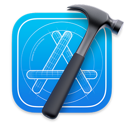 An image of the Xcode icon showing the capital letter A formed out of three cylinders outlined in white, surrounded by a white outlined circle. The circle and letter are shown on a blue rounded rectangle background. In front of the image is a realistic image of a claw hammer, slanting to the right and extending beyond the edges.