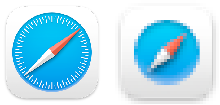 Two different sizes of the Safari app icon in macOS. The image on the left contains many more visual details than the image on the right.