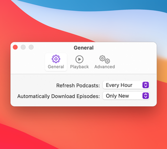 Screenshot of the General settings pane of the Podcasts app. The app's purple accent color is visible in the toolbar icon that represents General and in the content area's pop-menus.