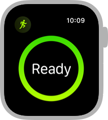 Screenshot of the beginning view for an outdoor run, which shows a green circle on a black background and the word Ready within the circle.