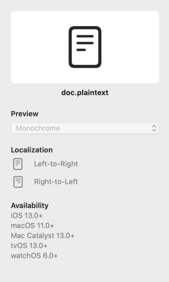 A partial screenshot of the SF Symbols app showing the info panel for the doc dot plaintext symbol, which looks like three left-aligned horizontal lines inside a rounded rectangle. Below the image, the left-to-right and right-to-left localized versions are shown.