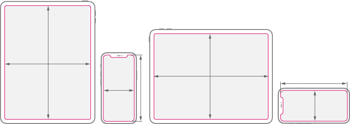 Diagram of an iPad and an iPhone in both portrait and landscape orientations. Each device in each orientation includes a red outline around the available full-screen area for that orientation and arrowed lines that indicate the height and width of the area.
