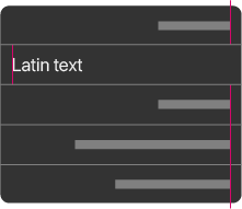 Diagram of a right-aligned list in which the first, third, fourth, and fifth items are gray bars that represent right-to-left text. The second item, which is the phrase 'Latin text' in English, is incorrectly left-aligned.