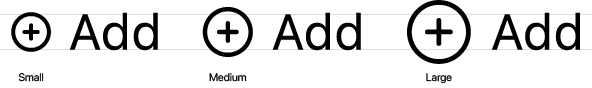 A diagram showing three images of the plus circle symbol followed by the capitalized word add. In each image, the word uses the same size, but the symbol uses a different size. From the left, the symbol sizes are small, medium, and large. Two parallel horizontal lines appear across all three images. The top line shows the height of the capital letter A and the bottom line is the baseline under the word add. In the small symbol, the circle touches both lines, in the medium symbol the circle extends slightly above and below the lines, and in the large symbol the vertical line of the plus sign almost touches both lines.