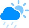 An image of the cloud sun rain fill symbol that uses three different opacities of the system blue color in the symbol’s three different layers: the cloud is fully opaque, the sun is about 50% opaque, and the raindrops are about 25% opaque.