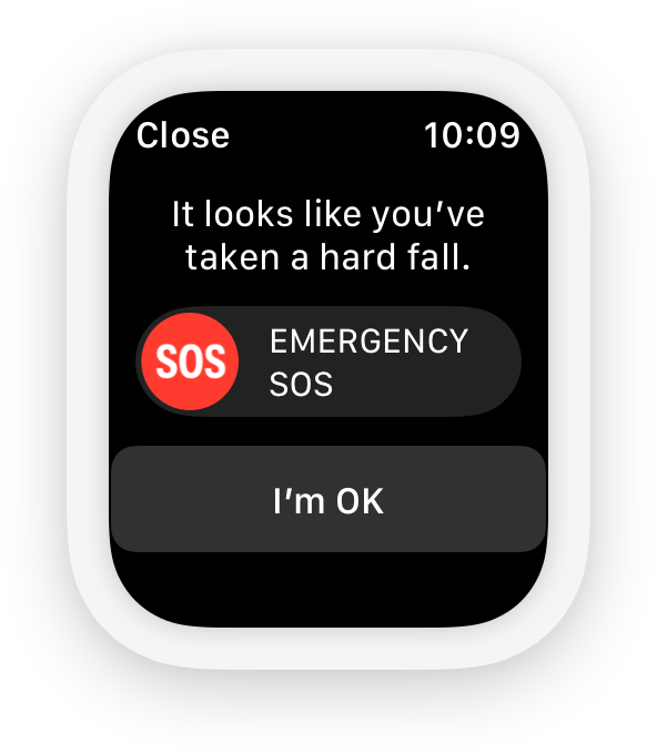 A screenshot of a Fall Detection message that reads: it looks like you've taken a hard fall.