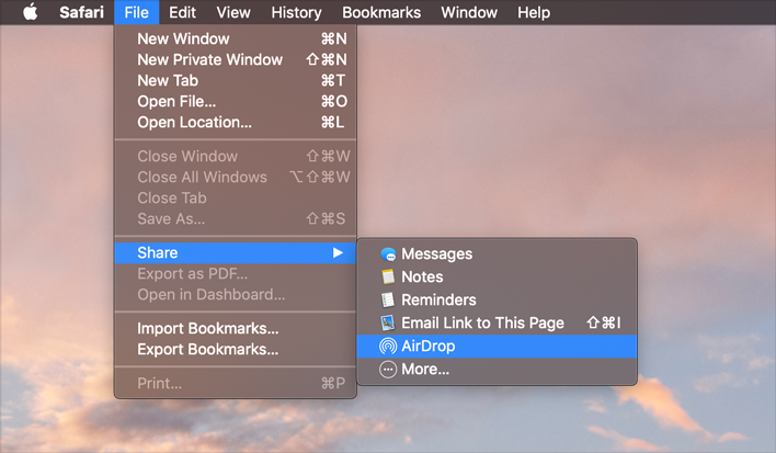 A screenshot of the Safari File menu, with the Share submenu opened and the AirDrop item chosen.