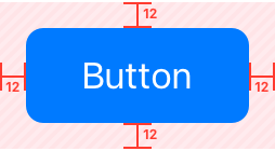 A diagram of a button that has a blue rounded rectangular bezel. The button is centered on top of a shaded rectangle that extends beyond the button by the same distance on all sides. Centered on each side, a red callout indicates the distance from the button to the edge of the shaded rectangle. Each callout is labeled with the number twelve to show the recommended twelve points of padding.