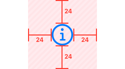 A diagram of a glyph centered on top of a shaded rectangle that extends beyond the glyph by the same distance on all sides. Centered on each side, a red callout indicates the distance from the glyph to the edge of the shaded rectangle. Each callout is labeled with the number twenty-four to show the recommended twenty-four points of padding.