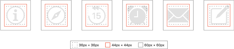 A row of six example icons, each of which has three squares drawn around it, showing how it fits within areas that measure 36 pixels square, 44 pixels square, and 60 pixels square.