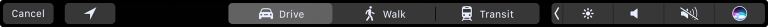 Screenshot of a Touch Bar that contains Maps controls, such as the current location button and the drive, walk, and transit buttons for directions. All Maps buttons have gray fill and white glyphs and titles. The drive button is selected, which means that its fill is lighter.