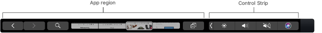 Screenshot of a Touch Bar second generation with callouts that indicate (from left to right) the locations of the app region and the control strip.