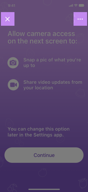 A screenshot of an app’s pre-alert screen highlighted to show a Close button in the top-left corner and a More button in the top-right corner. The Continue button appears near the bottom of the screen.