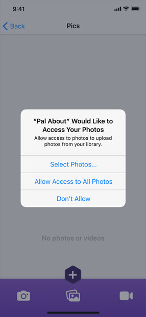 A screenshot of a permission alert for the Pal About app displaying a purpose string that reads ’Pal About would like to access your photos. Allow access to photos to upload photos from your library.’ The string is followed by three buttons in a stack. From the top, the buttons are titled Select Photos, Allow Access to All Photos, and Don’t Allow.