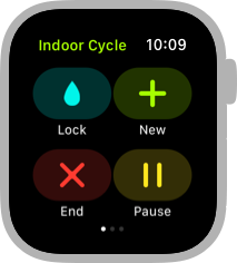 Screenshot of the left-most Workout screen for an Indoor Cycle workout. Clockwise from the top-left corner are the Lock, New, Pause, and End buttons.