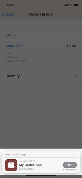 Screenshot of a coffee shop’s App Clip on iPhone. The user has purchased a drink and the App Clip displays the order history. The bottom of the screen is highlighted to indicate the overlay that users can tap to install the App Clip’s corresponding app.
