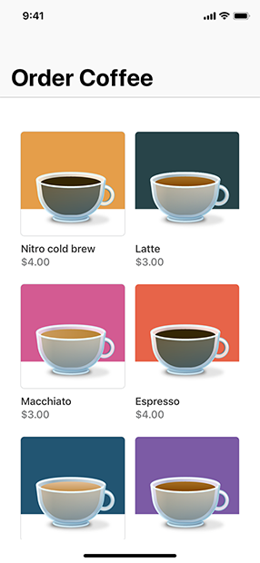 A screenshot of a coffee shop’s App Clip on iPhone as it appears when the user confirms the App Clip’s launch on the App Clip card. The App Clip displays a grid with various drinks the user can order.