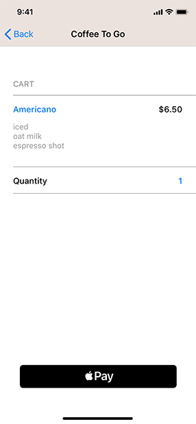 Screenshot of a payment screen for a coffee shop’s App Clip, which displays information about a drink that the user wants to purchase. At the bottom of the screen is an Apple Pay button.