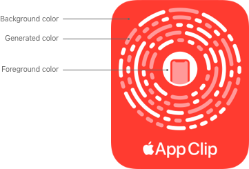 An App Clip Code that uses the badge design and has callouts for the background, foreground, and generated colors.