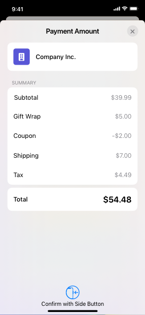 A screenshot of an in-app payment sheet that includes an additional charge for gift wrap and a credit applied for a coupon.