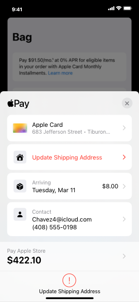 Screenshot of an in-app payment sheet that displays the text Update Shipping Address and an exclamation mark inside a circle to indicate an error.
