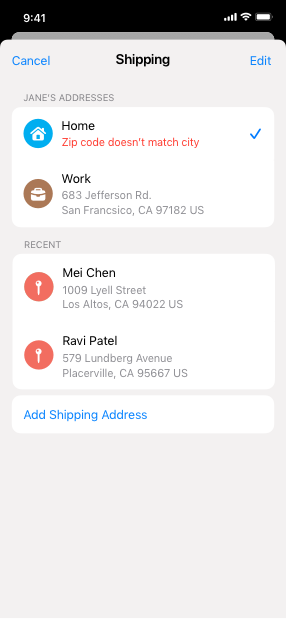 Screenshot of an in-app custom detail view titled Shipping that describes the shipping address error as Zip code doesn’t match city.