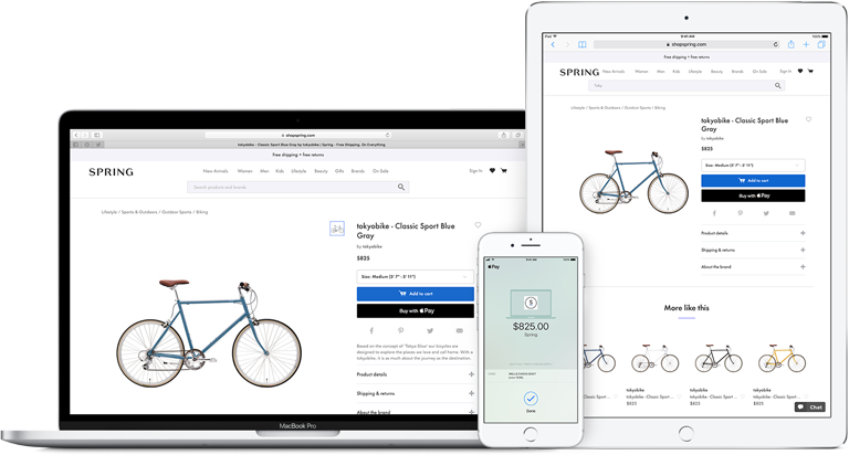 Images of a MacBook Pro, an iPad, and an iPhone, each displaying a screen that shows information about a bike purchase being made with Apple Pay.