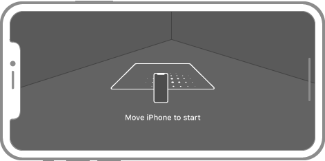 An iPhone screen showing the corner of a room viewed through the camera. On the screen is a translucent overlay containing the surface detection indicator. The indicator is a white square with rounded corners projected into 3D space. A small iPhone is shown scanning back and forth along the base of the square. A circle of dots trailing the iPhone is used to emphasize the movement.