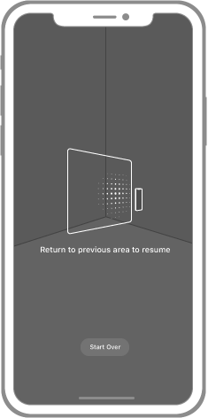 An iPhone screen showing the corner of a room viewed through the camera. On the screen is a translucent overlay containing the surface detection indicator. The indicator is a white square with rounded corners projected into 3D space. A small iPhone is shown scanning back and forth along the base of the square. A circle of dots trailing the iPhone is used to emphasize the movement.