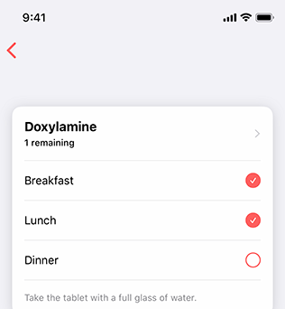 Partial screenshot showing a task that directs the patient to take a medicine at breakfast, lunch, and dinner. A filled in circle with a checkmark next to breakfast and lunch show that the patient has already taken the first two doses.