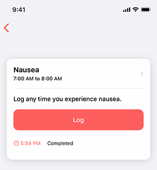 Partial screenshot showing a task that consists of a button that creates a log entry every time a patient taps it. Below the button, the task lists the times at which the button was tapped.