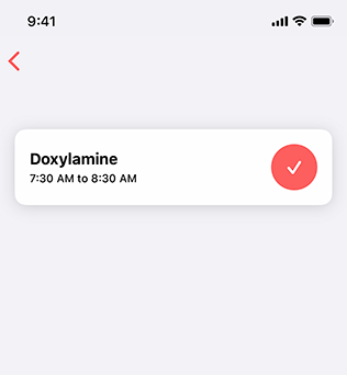 Partial screenshot showing a task that consists of taking a single dose of medicine at a specific time of day. The filled in circle and checkmark indicate that the task has been completed.