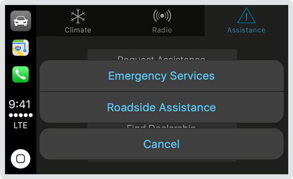 Screenshot of an action sheet that provides the user with options to connect to Emergency Services or Roadside Assistance.