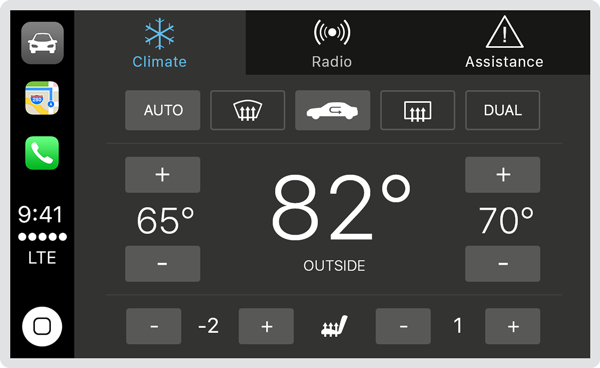 Mockup of an automaker app showing climate controls and the outside temperature.