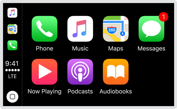 Screenshot of the CarPlay home screen displaying an array of app icons. The green Messages icon has a small red circle in the upper right-hand corner with the number '1' in the center.