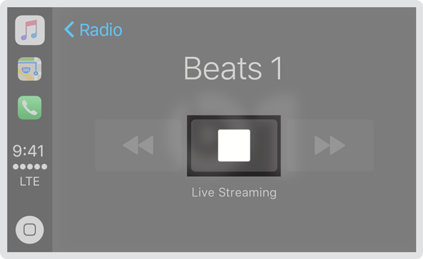 Screenshot of the Music app in CarPlay showing the Beats 1 radio station with the text 'Live Streaming.' A 'Stop' button in the center of the screen is highlighted to call attention to it as an example of a button.