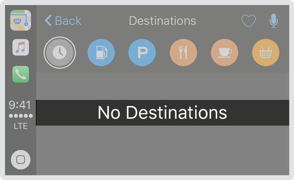 Screenshot of the Destinations screen in the CarPlay Maps app. Label text in the center of the screen is highlighted, and reads 'No Destinations.'