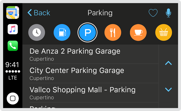 Screenshot of the Parking screen of the CarPlay Maps app, displaying a list of parking locations.