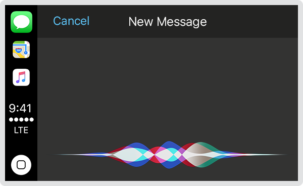 Screenshot of the Messages app in CarPlay displaying the multicolored waveform that indicates Siri is actively listening for a command.