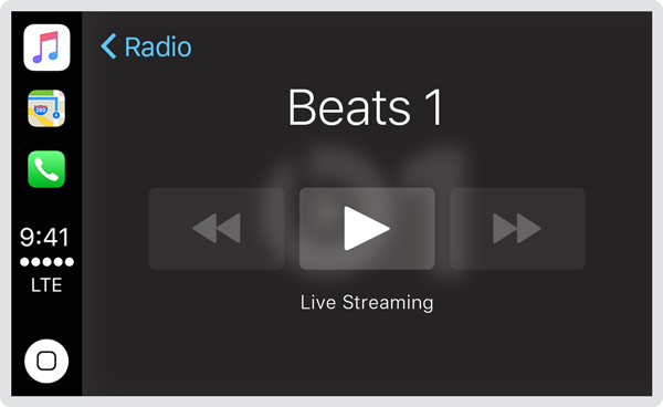 Screenshot of the Music app in CarPlay showing the Beats 1 radio station.