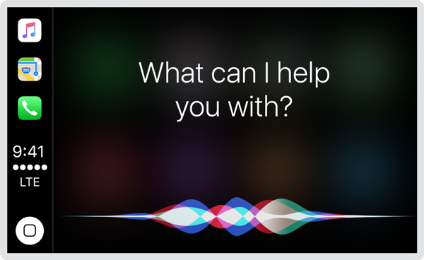 Screenshot of the Music app in CarPlay displaying the multicolored waveform that indicates Siri is in operation and the text, 'What can I help you with?'