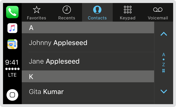 Screenshot of the Phone app in CarPlay displaying a list of contacts in a table.