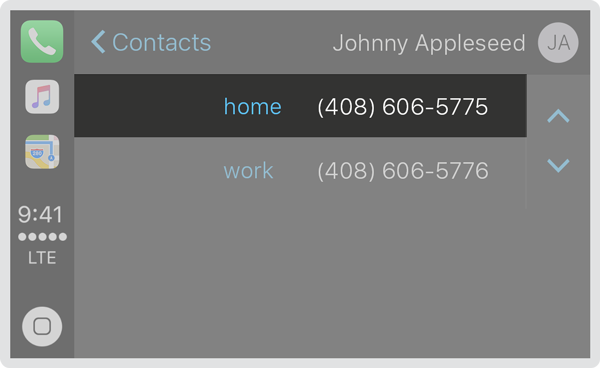 Screenshot of the Phone app in CarPlay showing a highlighted Home phone number for a contact in a table view. One row of the table, which contains a left-aligned sub-title on the left and a right-aligned title on the right, is highlighted.